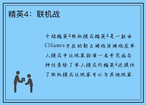 精英4：联机战